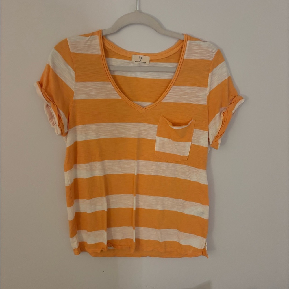 Anthropologie Orange and White Striped V-Neck T-Shirt